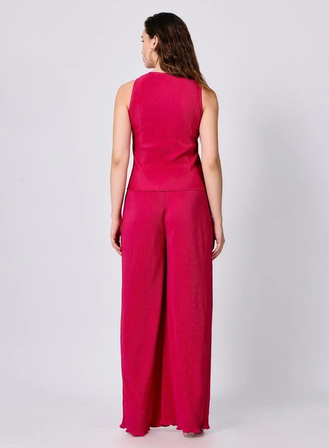 Outzidr  Pink Plisse Top and Straight Fit Pants Co-Ords for Women | Best Price UAE