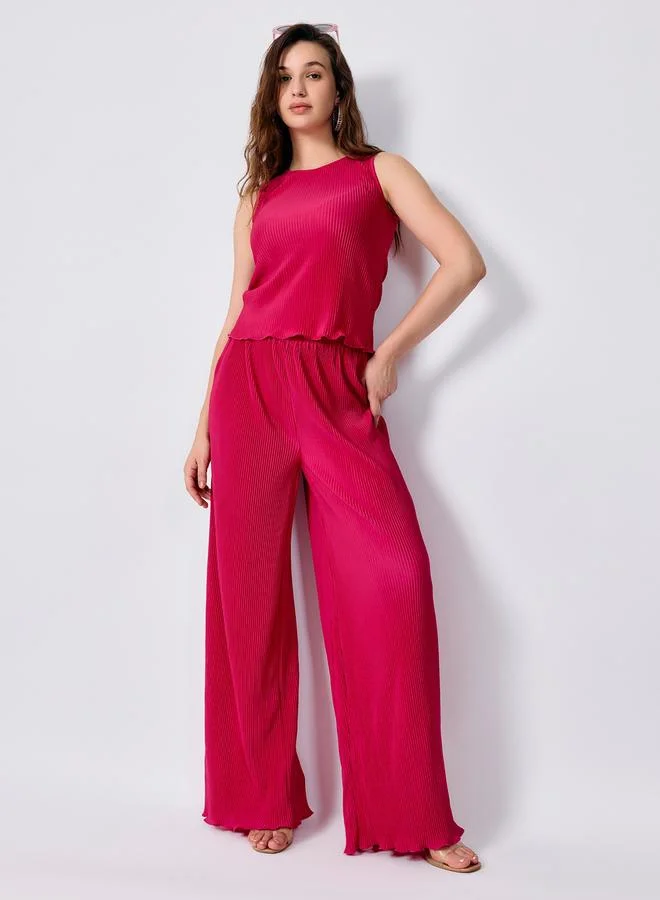 Outzidr  Pink Plisse Top and Straight Fit Pants Co-Ords for Women | Best Price UAE