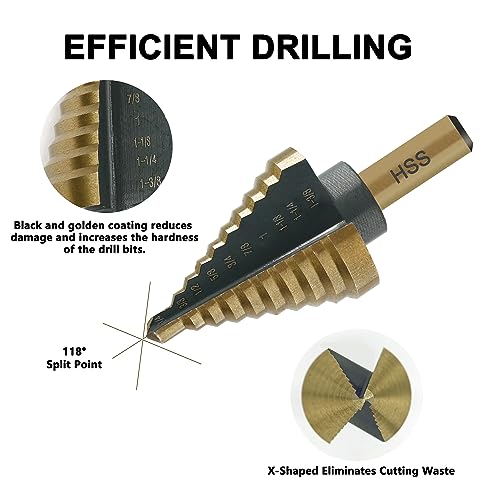 GMTOOLS Step Drill Bit Set - Black and Gold, 6 Pcs High Speed Steel Unibit Drill Bits, Stepped Up Bits & Automatic Center Punch, DIY Lovers with Aluminum Case, Total 50 Sizes for Metal - Image 3