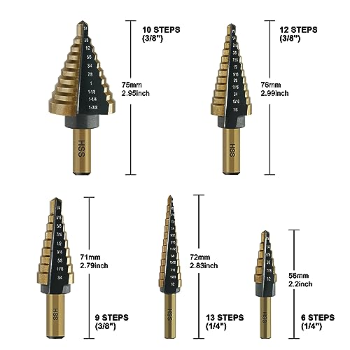 GMTOOLS Step Drill Bit Set - Black and Gold, 6 Pcs High Speed Steel Unibit Drill Bits, Stepped Up Bits & Automatic Center Punch, DIY Lovers with Aluminum Case, Total 50 Sizes for Metal - Image 2