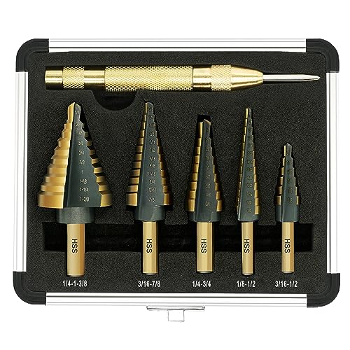 GMTOOLS Step Drill Bit Set - Black and Gold, 6 Pcs High Speed Steel Unibit Drill Bits, Stepped Up Bits & Automatic Center Punch, DIY Lovers with Aluminum Case, Total 50 Sizes for Metal - Image 1