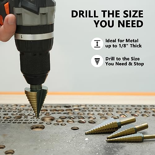 GMTOOLS Step Drill Bit Set - Black and Gold, 6 Pcs High Speed Steel Unibit Drill Bits, Stepped Up Bits & Automatic Center Punch, DIY Lovers with Aluminum Case, Total 50 Sizes for Metal - Image 5
