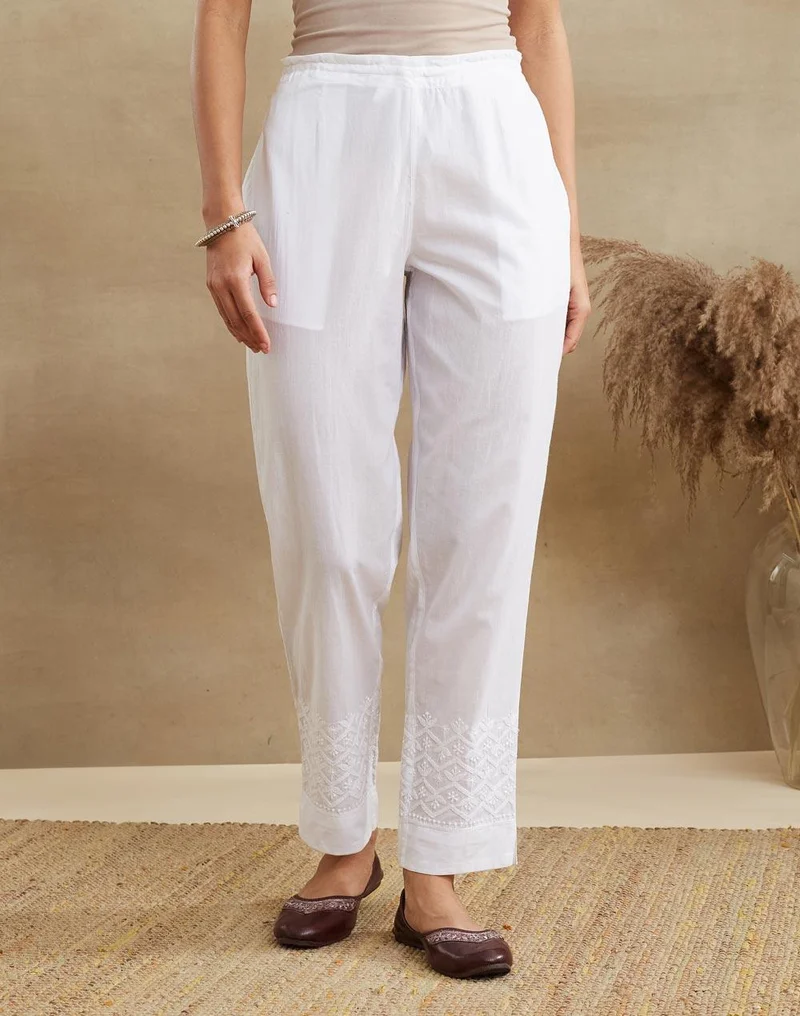 Fabindia White Cotton Chikankari Ethnic Pant
