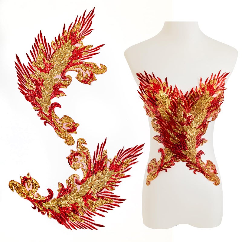 Silvora Pair Embroidery Phoenix Costume Sequin Appliques Patches  Peacock Feather Tail Applique Embellishments For Dance Dresses Clothes T-Shirt Neckline Bodice Pants (Red)