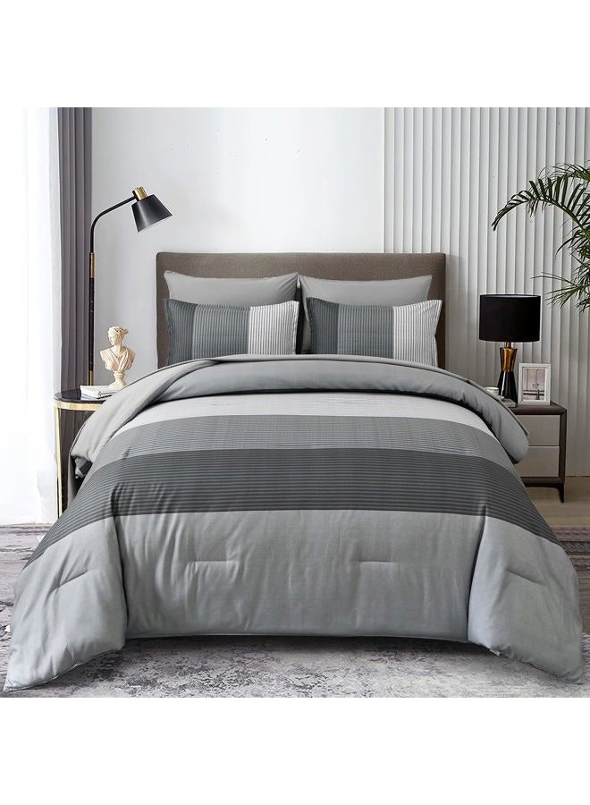 Anibedding 7 Pieces Black Grey Comforter King Size, Lightweight Striped Bed in a Bag Bedding Comforters Set, All Season Microfiber Complete Bedding Set with Flat/Fitted Sheet, Pillowcases and Pillow Shams - Image 1