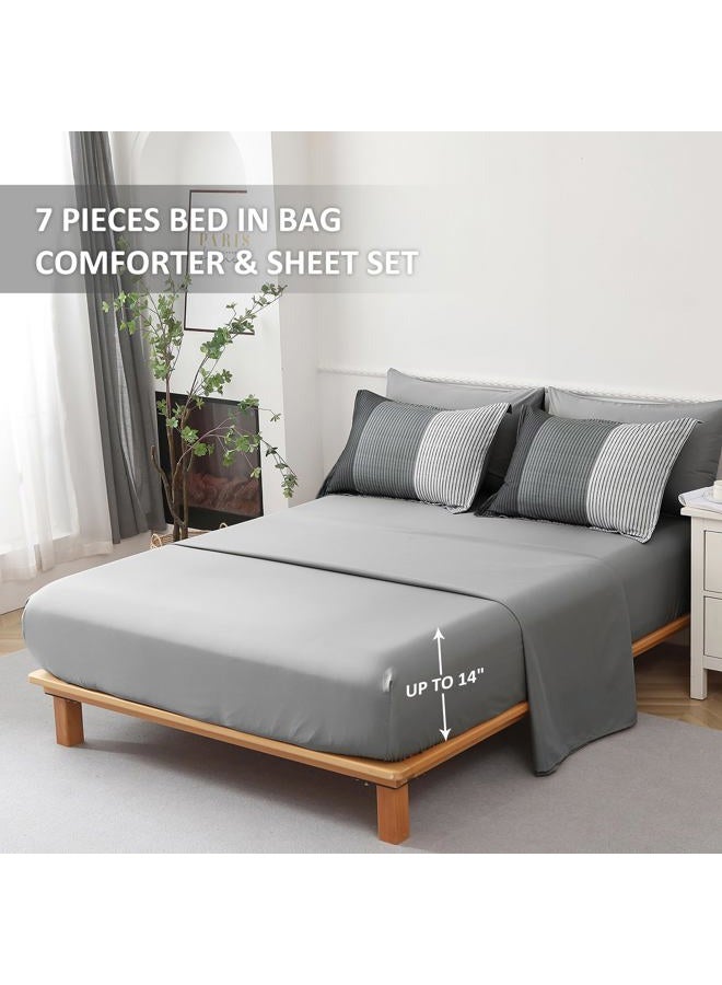 Anibedding 7 Pieces Black Grey Comforter King Size, Lightweight Striped Bed in a Bag Bedding Comforters Set, All Season Microfiber Complete Bedding Set with Flat/Fitted Sheet, Pillowcases and Pillow Shams - Image 4
