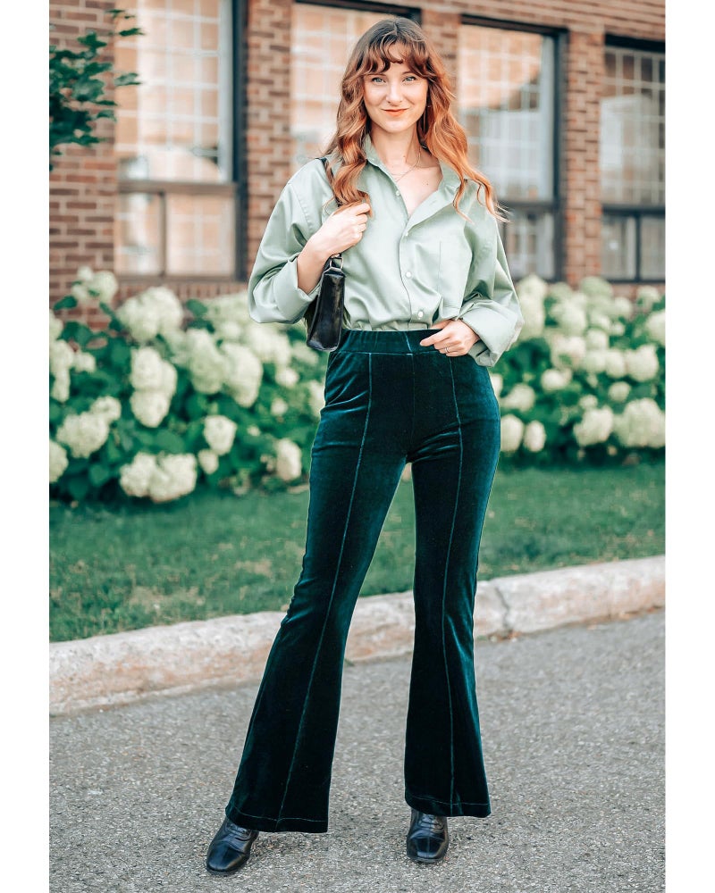 GRAPENT Women's Stretch Velvet Flare Pants - Dark Green, Size 12/14 - Image 3