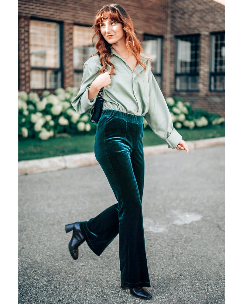 GRAPENT Women's Stretch Velvet Flare Pants - Dark Green, Size 12/14 - Image 4