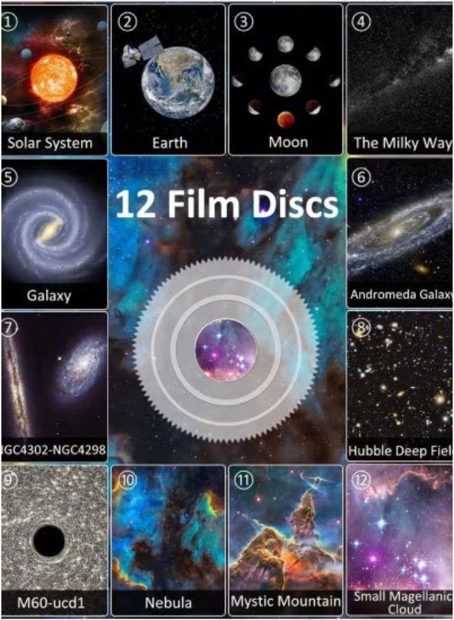 JAJEEK 12-In-1 Galaxy Projector For Bedroom – Planetarium Star Projector With 12 Film Discs | 360° Rotating Night Light Table Lamp | Adjustable Focus Knob | Soothing Galaxy Light For Kids & Adults | Bedside Lamp With Realistic Astronomical Projections  - Image 2