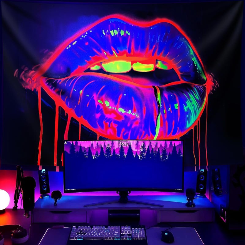 TUGCAY Lips Black Light Tapestry, Blacklight Tapestry UV Reactive Lip Flowing with Liquid Tapestries Wall Hanging for Bedroom Dorm Decor(51.2 x 59.1 Inches) - Image 2