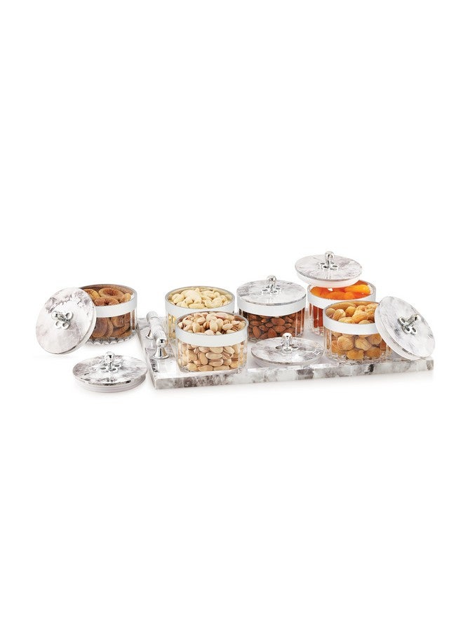 Nabhya Acrylic Unbreakable Multipurpose Airtight Dry Fruit Container Set With Lid & Serving Tray | Plastic Transparent Storage Box (White, Pack of 6) - Image 1