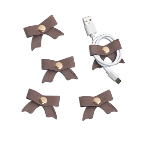 SenseAGE 5 Pack Cord Organizer, Bow Cord Keeper, Cable Organizer USB holder, Leather Cable Management, Cable Straps, Earphone winder, Storage Straps for Electronics, Earbuds (Choco Brown, Small) - Image 1