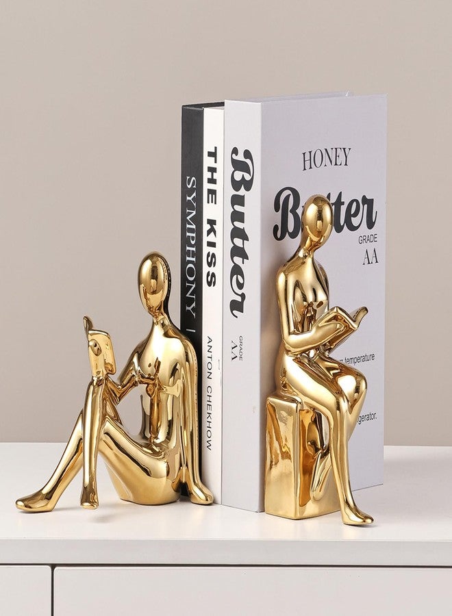Tuioyoc Decorative Bookends, Ceramic Book Ends for Shelves, Home Office Decor Aesthetic Book Stopper Reading Book Holders Statues for Bookshelf Bedroom Living Room Decoration (Glod) - Image 3