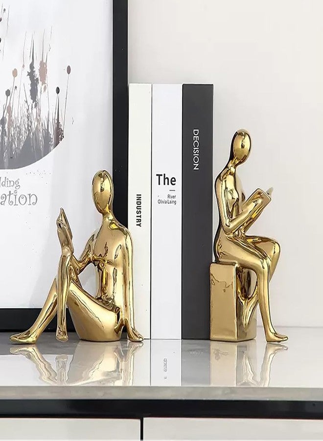 Tuioyoc Decorative Bookends, Ceramic Book Ends for Shelves, Home Office Decor Aesthetic Book Stopper Reading Book Holders Statues for Bookshelf Bedroom Living Room Decoration (Glod) - Image 2