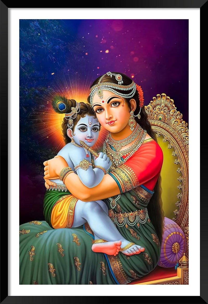 DBrush Bal Krishna With Maa Yashoda Photo Frame For Livingroom Home 14x20 Inch Large Size Synthetic wood Framed Wall Hanging Religious Painting Decorative Gift Item Laminated Coated - Image 1