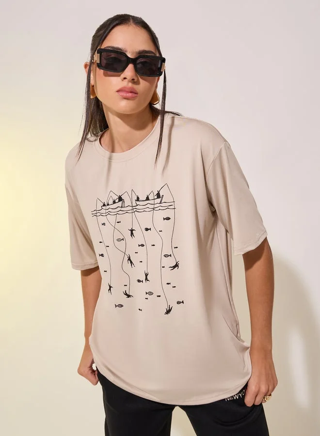 تايك تو تي شيرت دائري مطبوع برسومات