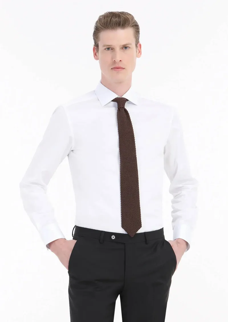 RAMSEY White Plain Slim Fit Weaving Classical 100% Cotton Shirt