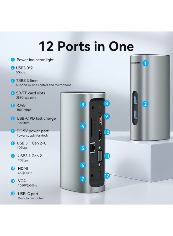 VENTION USB-C to HDMI/VGA/USB 3.1 Gen 2/USB 3.1 Gen 2-C/USB 3.0x2/RJ45/SD/TF/TRRS 3.5mm/PD/DC Docking Station Gray Vertical Aluminum Alloy Type UK Standard Model # TPJH0-UK - Image 3