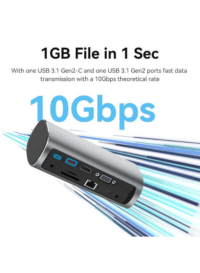 VENTION USB-C to HDMI/VGA/USB 3.1 Gen 2/USB 3.1 Gen 2-C/USB 3.0x2/RJ45/SD/TF/TRRS 3.5mm/PD/DC Docking Station Gray Vertical Aluminum Alloy Type UK Standard Model # TPJH0-UK - Image 4