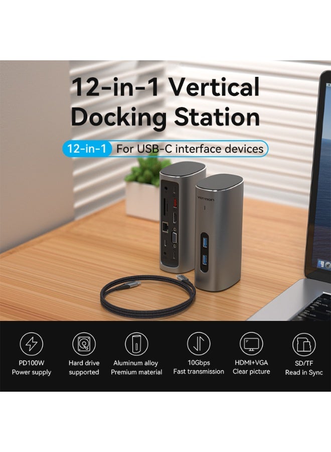 VENTION USB-C to HDMI/VGA/USB 3.1 Gen 2/USB 3.1 Gen 2-C/USB 3.0x2/RJ45/SD/TF/TRRS 3.5mm/PD/DC Docking Station Gray Vertical Aluminum Alloy Type UK Standard Model # TPJH0-UK - Image 2