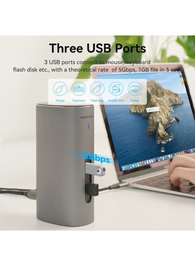 VENTION USB-C to HDMI/VGA/USB 3.1 Gen 2/USB 3.1 Gen 2-C/USB 3.0x2/RJ45/SD/TF/TRRS 3.5mm/PD/DC Docking Station Gray Vertical Aluminum Alloy Type UK Standard Model # TPJH0-UK - Image 5