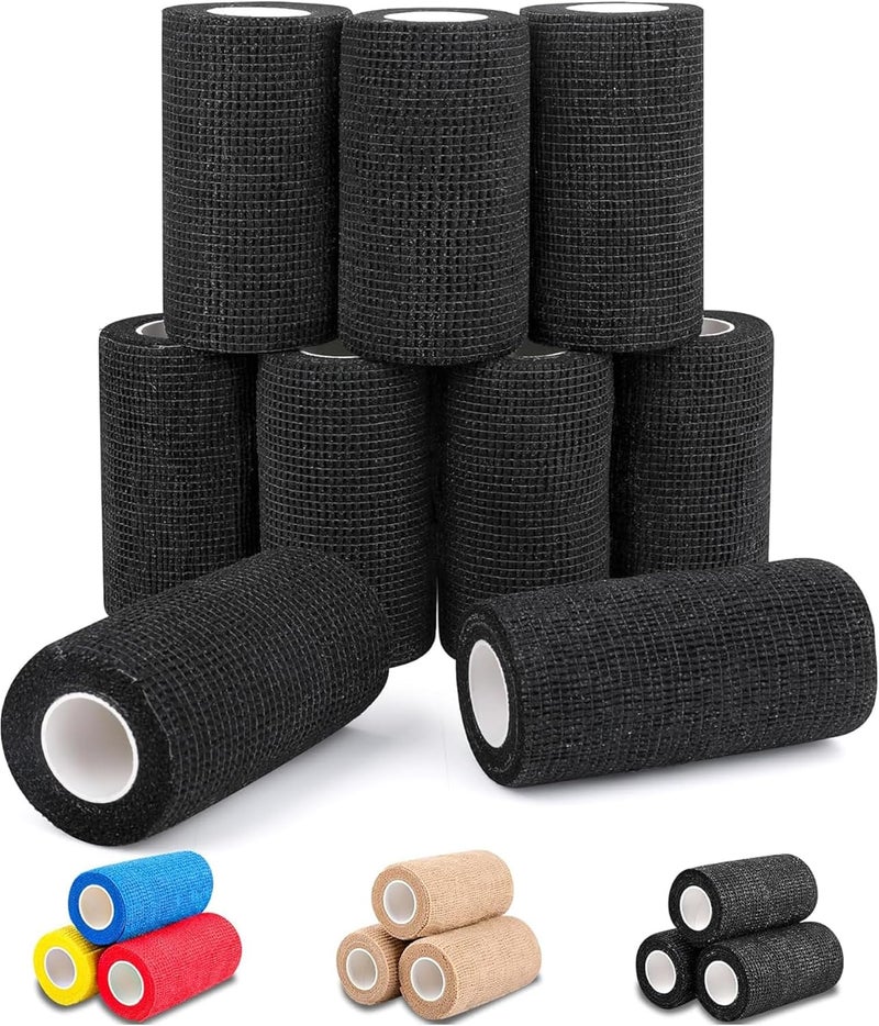 AZEN 9 حزمة ضمادة لاصقة ذاتية، 4" × 5 ياردات ضمادة مرنة لاصقة، شريط رياضي ملون، شريط ضمادة للوشم، ضمادة بيطرية، شريط كاحل