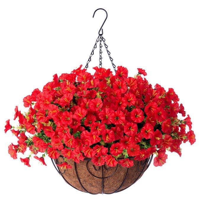 ARTIFICIAL FAUX HANGING FLOWERS PLANTS BASKETS FOR OUTDOORS OUTSIDE SPRING DECORATION FAKE SILK RED MORNING GLORY UV RESISTANT LOOK REAL FOR FRONT DOOR PORCH PATIO BALCONY YARD GARDEN HOME