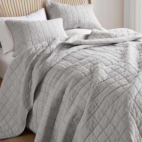 Hyde Lane Linen Quilt Set Queen Size - Breathable Box Stitched European Flax Bedding Set for Bedspread and Coverlet, with 2 Pillow Shams, 90"x96", Grey - Image 1