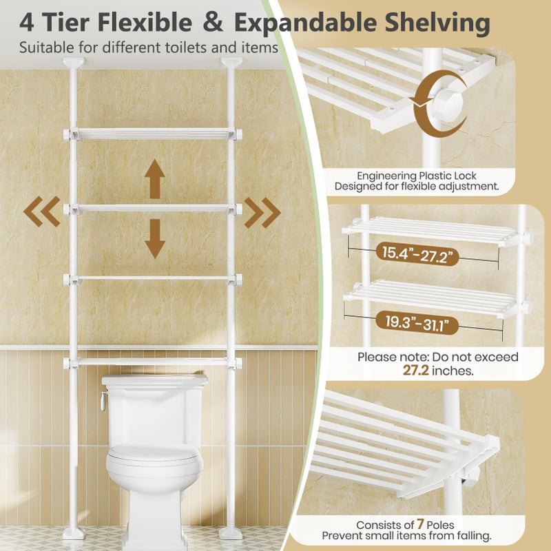 Bonpally Over The Toilet Storage Shelf, 4-Tier Adjustable Bathroom Organizer, No Drill Tension Mounted Shelves Metal, Space-Saving Bathroom Cabinet Rack Above Toilet for Small Bathroom Rooms, White - Image 3