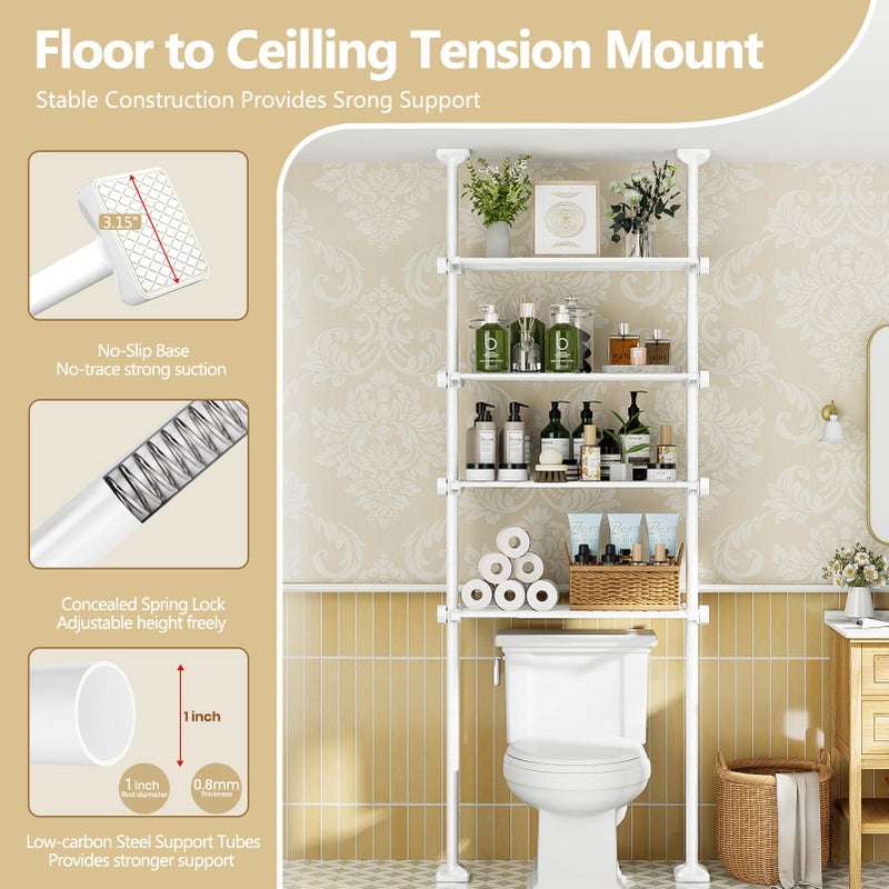 Bonpally Over The Toilet Storage Shelf, 4-Tier Adjustable Bathroom Organizer, No Drill Tension Mounted Shelves Metal, Space-Saving Bathroom Cabinet Rack Above Toilet for Small Bathroom Rooms, White - Image 5