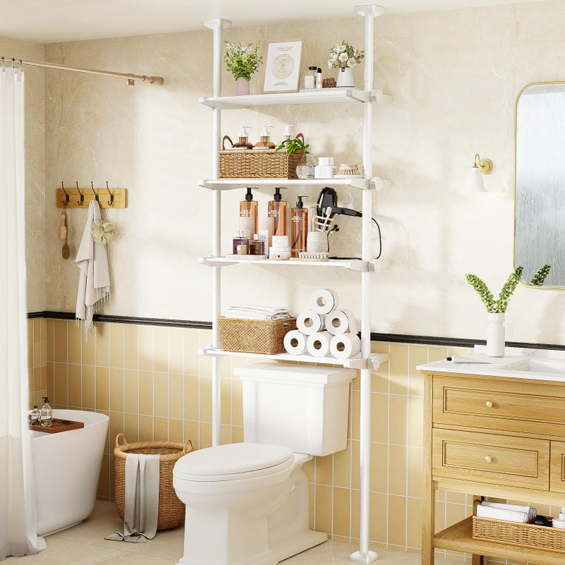 Bonpally Over The Toilet Storage Shelf, 4-Tier Adjustable Bathroom Organizer, No Drill Tension Mounted Shelves Metal, Space-Saving Bathroom Cabinet Rack Above Toilet for Small Bathroom Rooms, White - Image 1