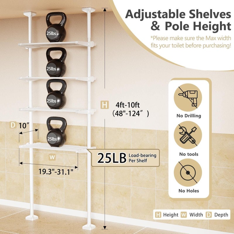 Bonpally Over The Toilet Storage Shelf, 4-Tier Adjustable Bathroom Organizer, No Drill Tension Mounted Shelves Metal, Space-Saving Bathroom Cabinet Rack Above Toilet for Small Bathroom Rooms, White - Image 4