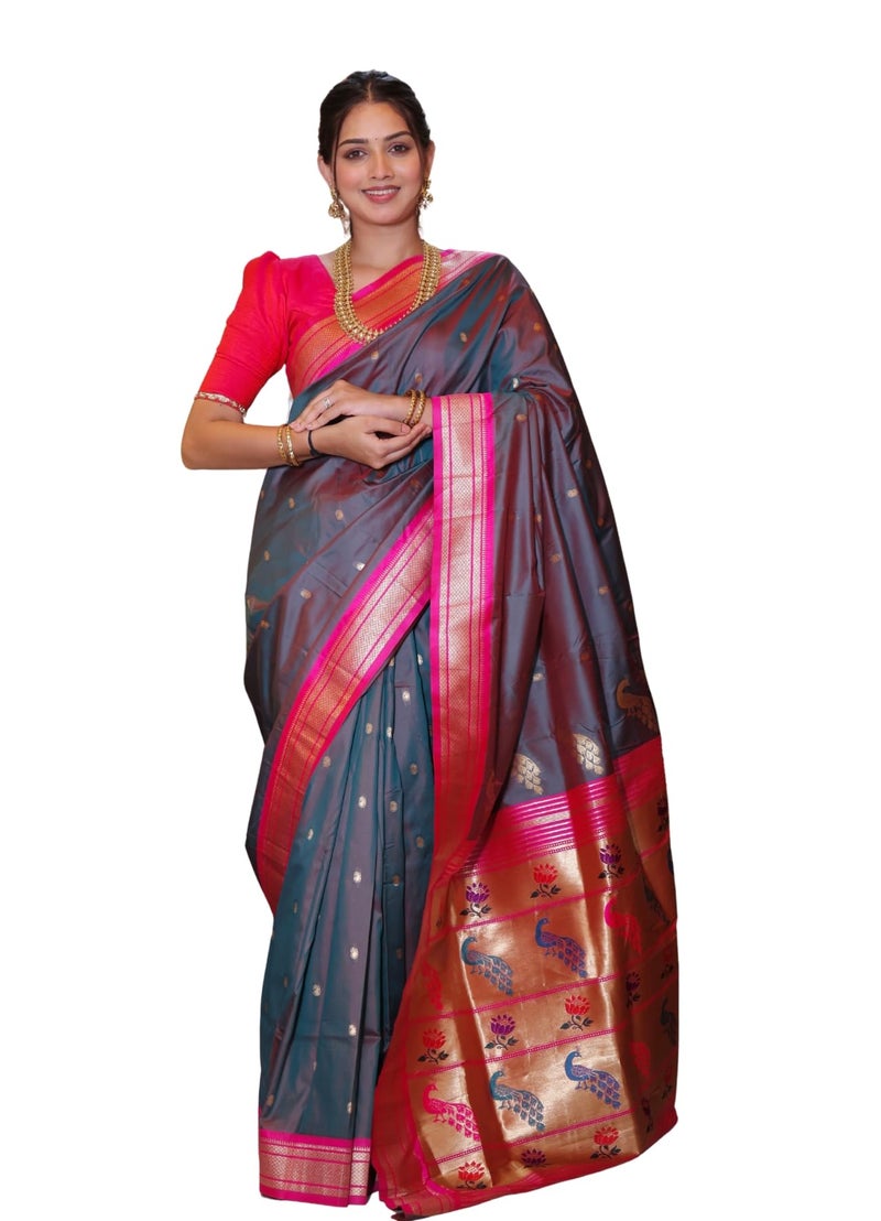 AMIRAT Women's Paithani Silk Saree | Sari for Women | Kanjivaram Silk Sarees With Unstitched Blouse (Rama red) - Image 1