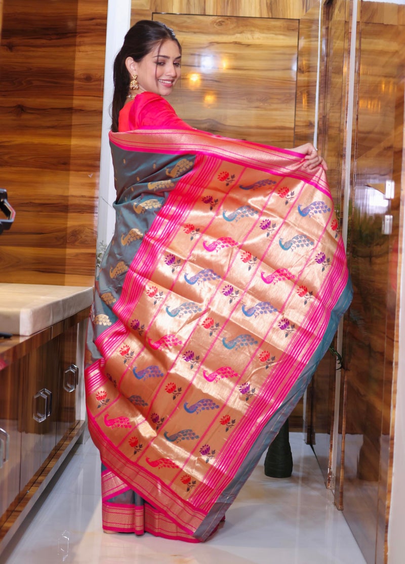 AMIRAT Women's Paithani Silk Saree | Sari for Women | Kanjivaram Silk Sarees With Unstitched Blouse (Rama red) - Image 5