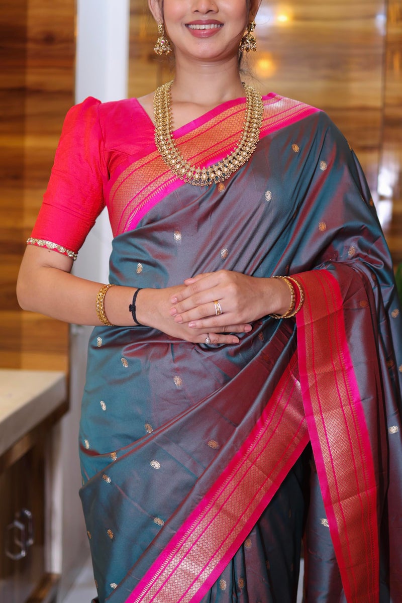 AMIRAT Women's Paithani Silk Saree | Sari for Women | Kanjivaram Silk Sarees With Unstitched Blouse (Rama red) - Image 4