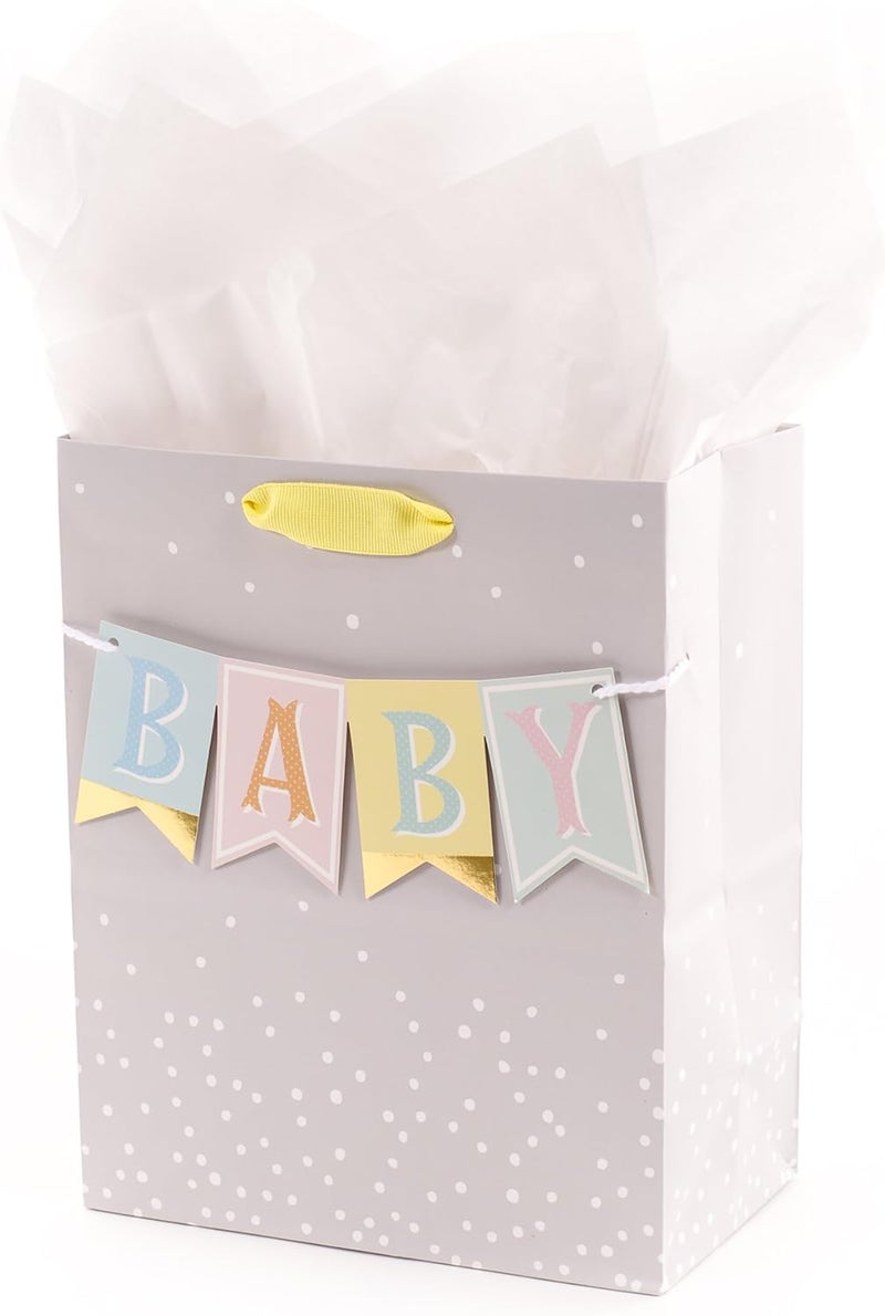 Hallmark 9 Medium Baby Gift Bag with Tissue Paper  Baby Banner in Grey Pink and Blue for Baby Showers New Parents and More - Image 1