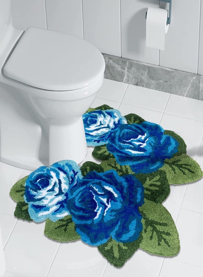 ABREEZE Rose Toilet Rug, Shaggy U-Shaped Bathroom Rugs, Soft Comfortable Contour Mat for Bathroom Floor, 31 X 29, Non-Slip Bath Carpet, Maximum Absorbent, Dry Quickly, Machine-Washable, Blue - Image 1