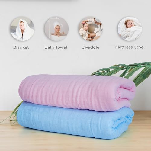 BASEEFY Muslin Baby Bath Towel Newborns Super Soft High Absorbent Cotton 6 Layer Towel Infants Toddlers Kids Boys Girls (105 * 105 CM, Blue) - Image 2