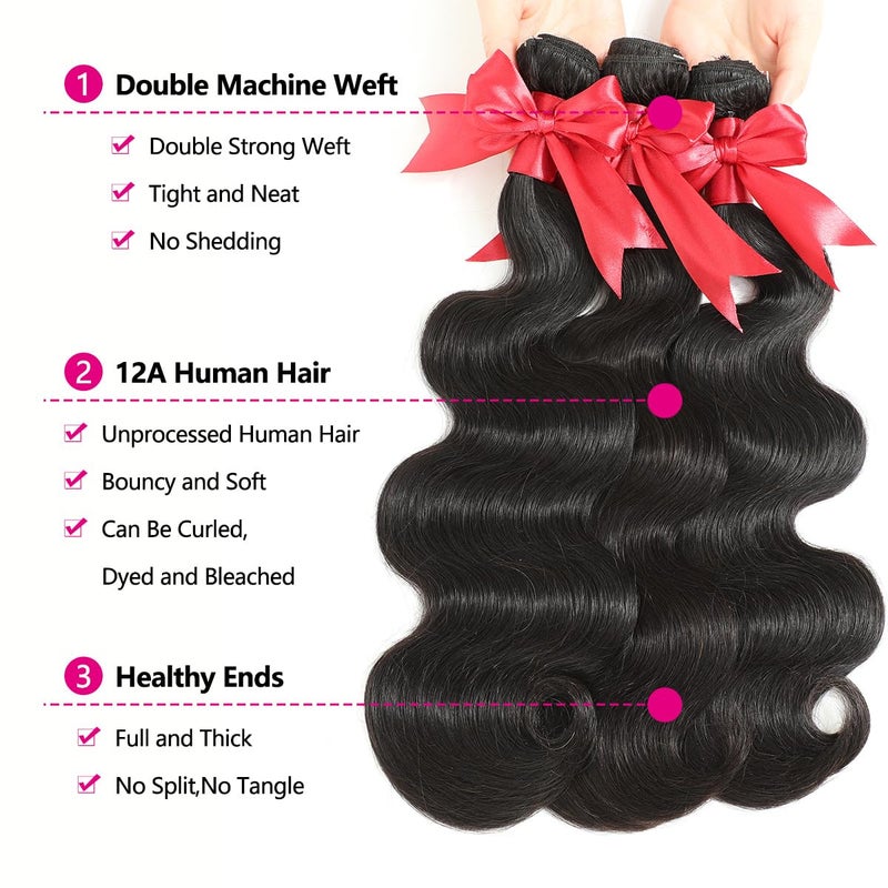 YIBUSI 12A Human Hair Bundles with Frontal 16 18 20 with 14 Inch Brazilian Body Wave 3 Bundles Human Hair with 13x4 HD Lace Frontal Closure 100% Unprocessed Virgin Human Hair Weave - Image 4