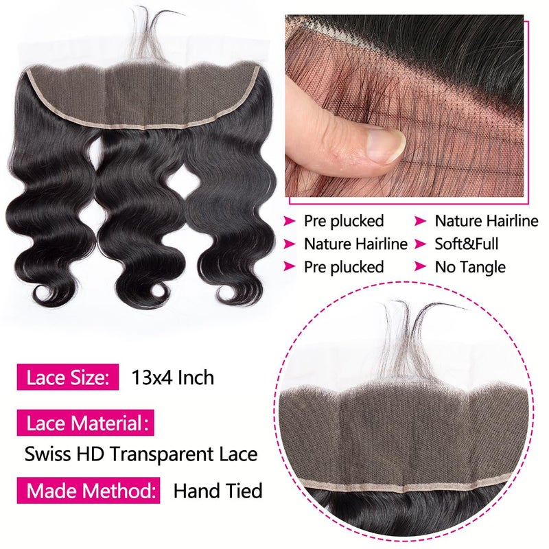 YIBUSI 12A Human Hair Bundles with Frontal 16 18 20 with 14 Inch Brazilian Body Wave 3 Bundles Human Hair with 13x4 HD Lace Frontal Closure 100% Unprocessed Virgin Human Hair Weave - Image 3