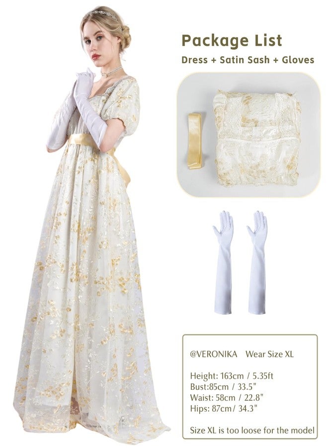 NSPSTT Golden Regency Dresses for Women 1800 Vintage Victorian Ball Gown with Gloves, Gold, L - Image 2