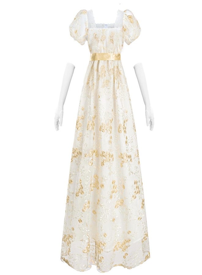 NSPSTT Golden Regency Dresses for Women 1800 Vintage Victorian Ball Gown with Gloves, Gold, L - Image 1