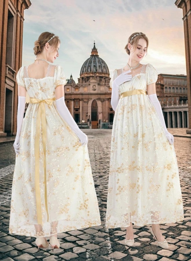 NSPSTT Golden Regency Dresses for Women 1800 Vintage Victorian Ball Gown with Gloves, Gold, L - Image 3