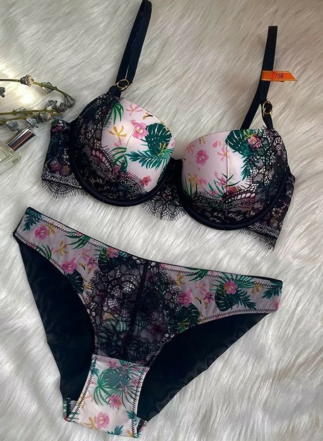 Loquat Comfy Vintage Printed Lace Bra And Panty Set Multicolor
