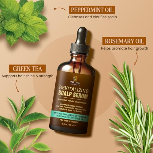 INFINA ESSENTIALS Revitalizing Scalp Serum for Hair Growth with Copper Peptides Caffeine Tea Tree Oil Nourishing Scalp Oil for Itchy Dry Scalp Detoxifies BuildUp Deep Hydration for All Hair Types 2 fl oz - Image 3