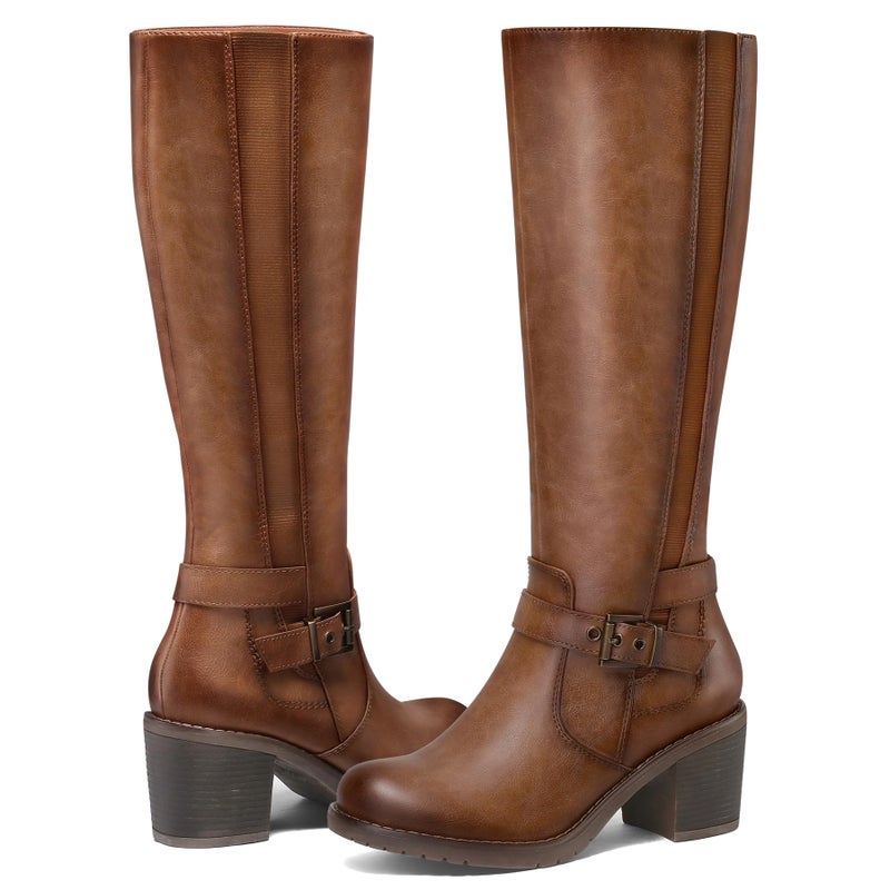 mysoft Women's Knee High Boots Chunky Block Heels with Side Zipper and Stretchy Elastic Panels - Image 4