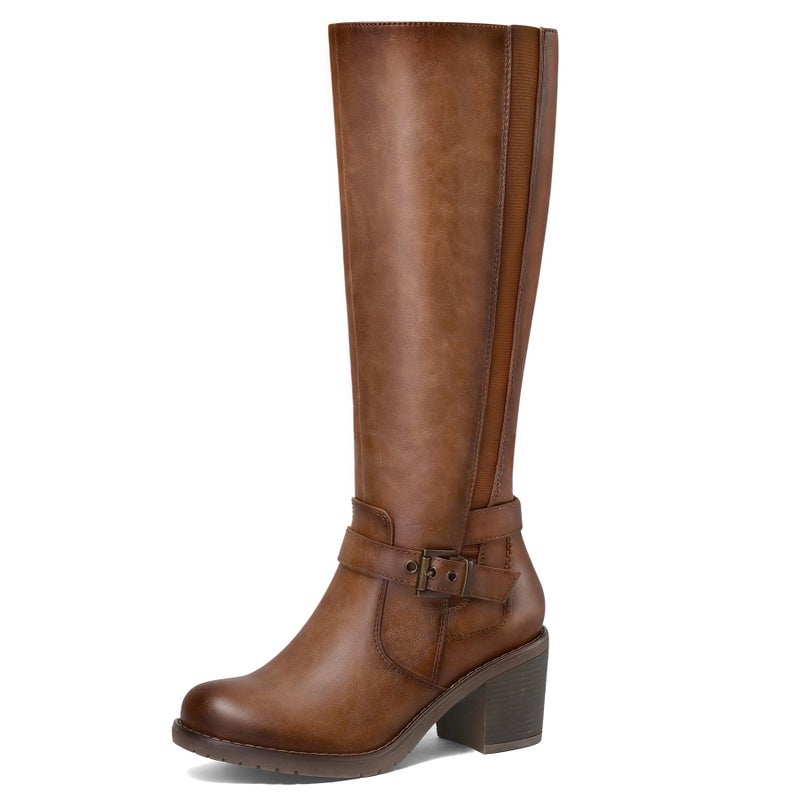 mysoft Women's Knee High Boots Chunky Block Heels with Side Zipper and Stretchy Elastic Panels - Image 1