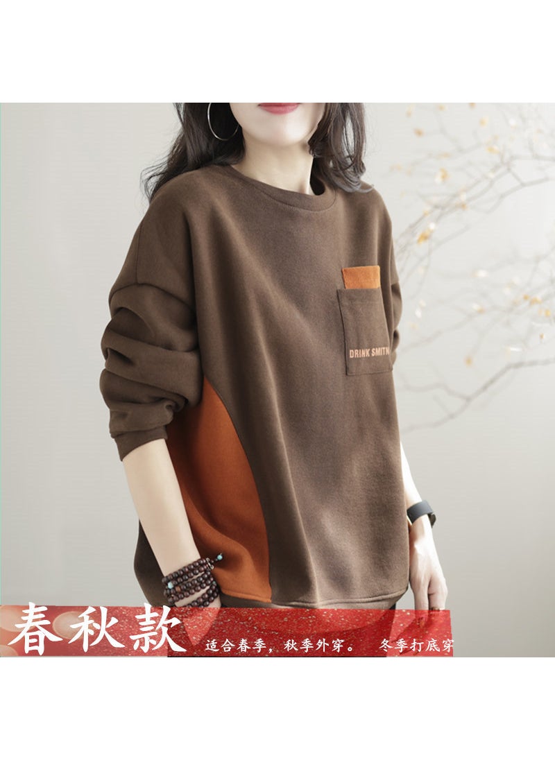 Generic Womens Spring Autumn New Style Sweatshirt Hoodless Color Blocking Top Vintage Casual Loose Fit Plus Size Round Neck Pullover Brown [spring and autumn] 