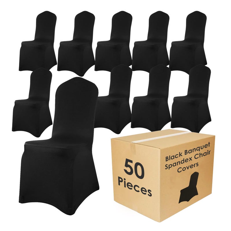 Craft And Party 50 Pack Black Spandex Chair Covers â€“ Stretch Polyester Slipcovers for Wedding, Banquet, Party & Dining Chairs â€“ Flat Front Design, Universal Fit - Image 1