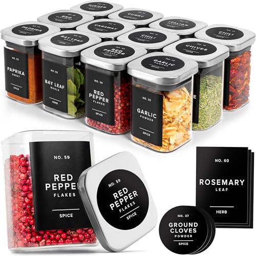EDELHAUS Glass Spice Jars with Labels and Steel Lids 12 x 64oz Spice Containers with 160 Label Steel Funnel Shaker Inserts Empty Square Seasoning Organizer for Spice Rack Cabinet Drawer - Image 1